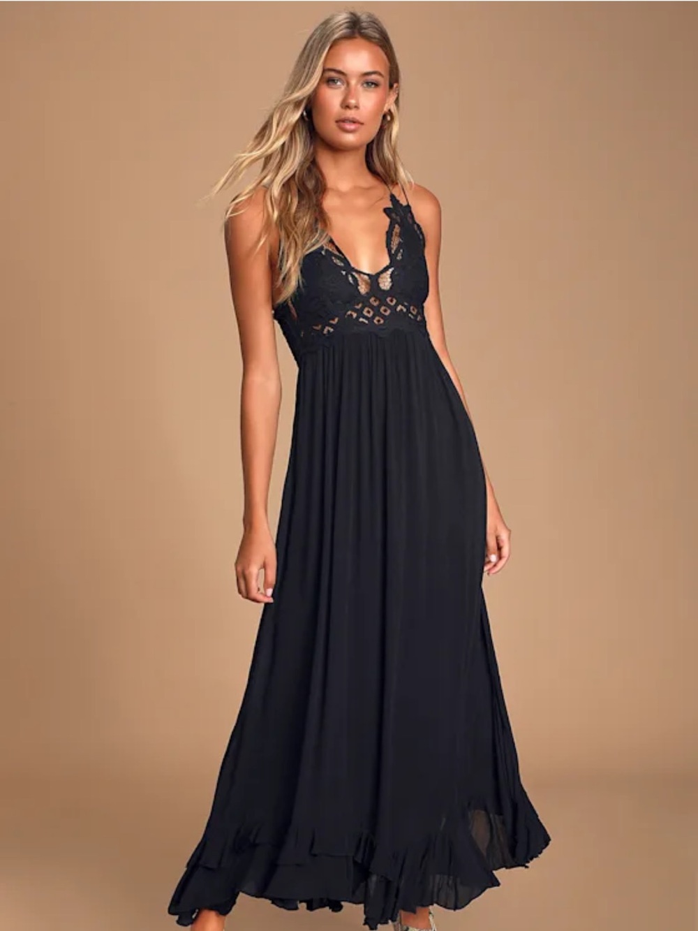FREE PEOPLE Adella Maxi Slip Black Lace Dress Size Xs/S